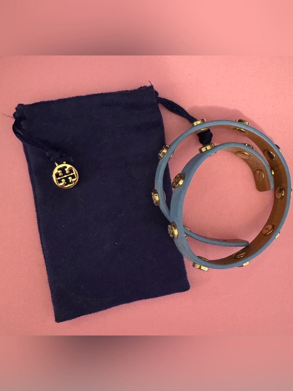 Tory Burch Light Blue Leather Stud Cuff Bracelets with Gold Accents